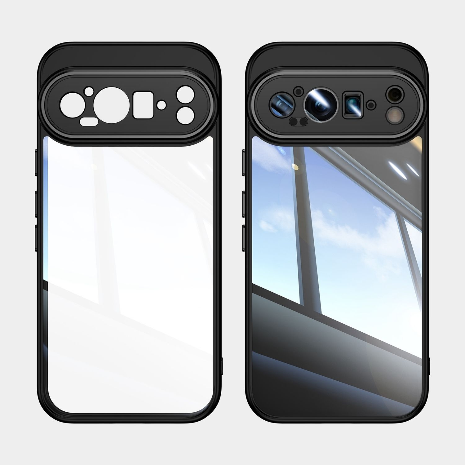 Dos fundas para teléfono. La primera muestra la vista de una ventana, la segunda es negra.