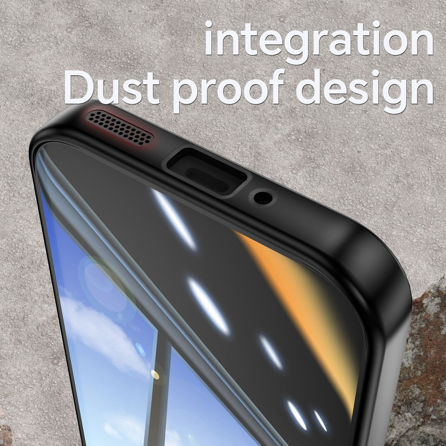 Primer plano de funda, mostrando diseño a prueba de polvo. Borde del teléfono visible.