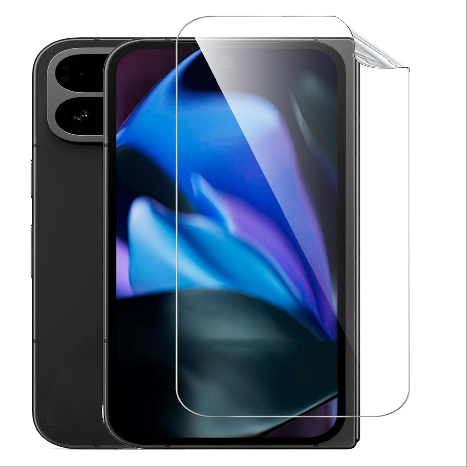 Schwarzes Telefon mit zwei Kameras, mit einem Displayschutz auf dem Bildschirm, der ein blaues Bild zeigt.