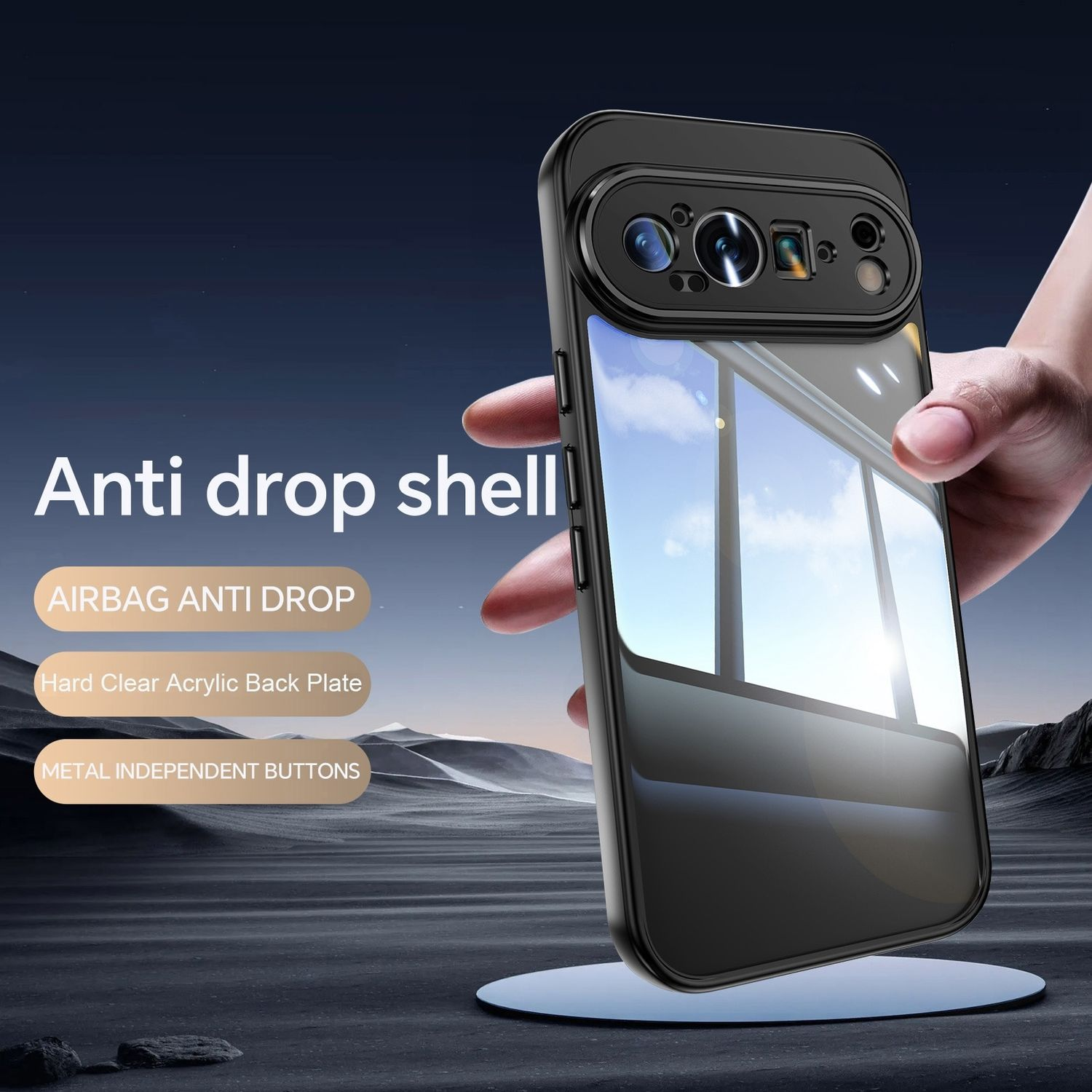 Funda de teléfono negra con parte trasera transparente, en mano. Texto: Anti caída.