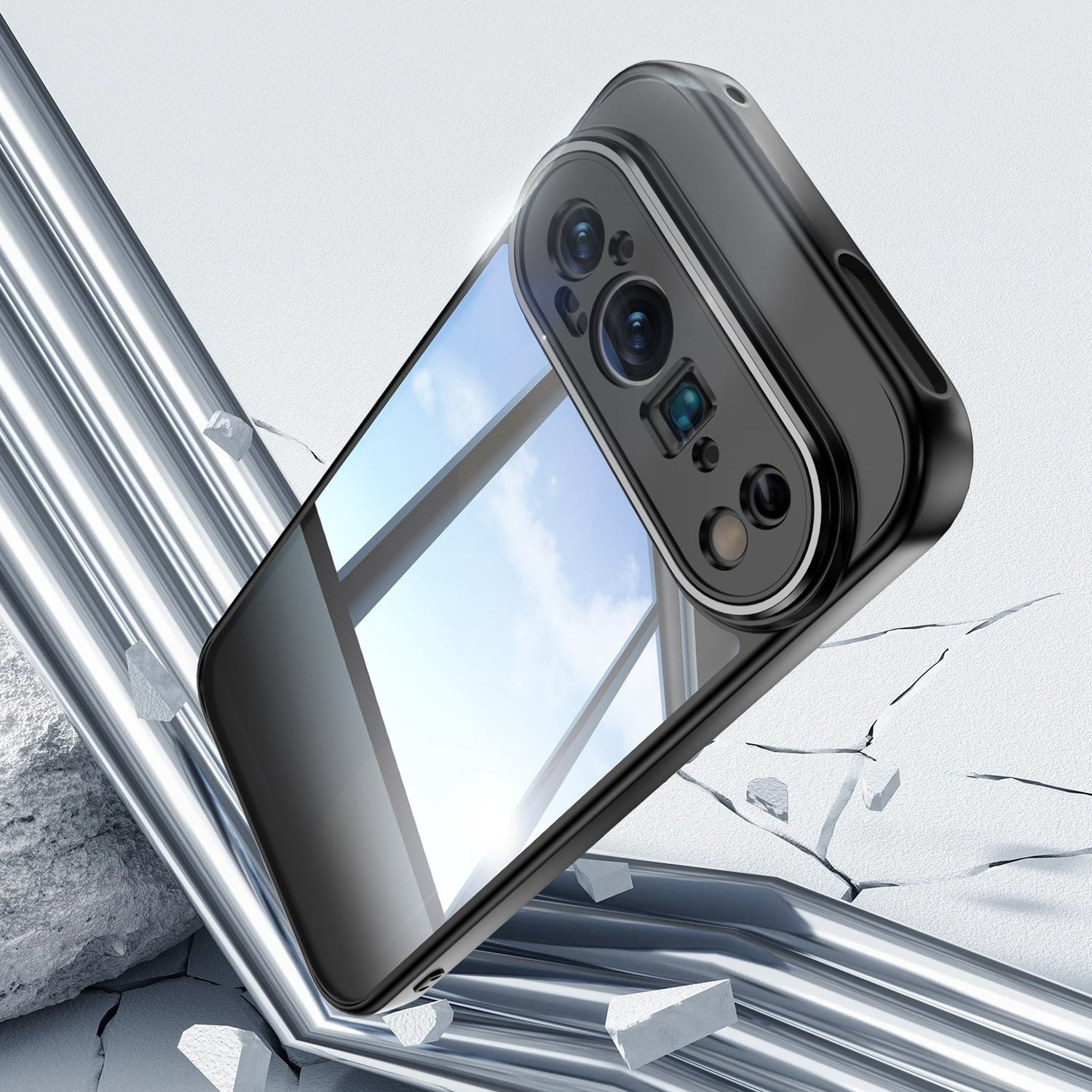 Funda de teléfono negra. La funda tiene una parte trasera transparente que muestra las cámaras.