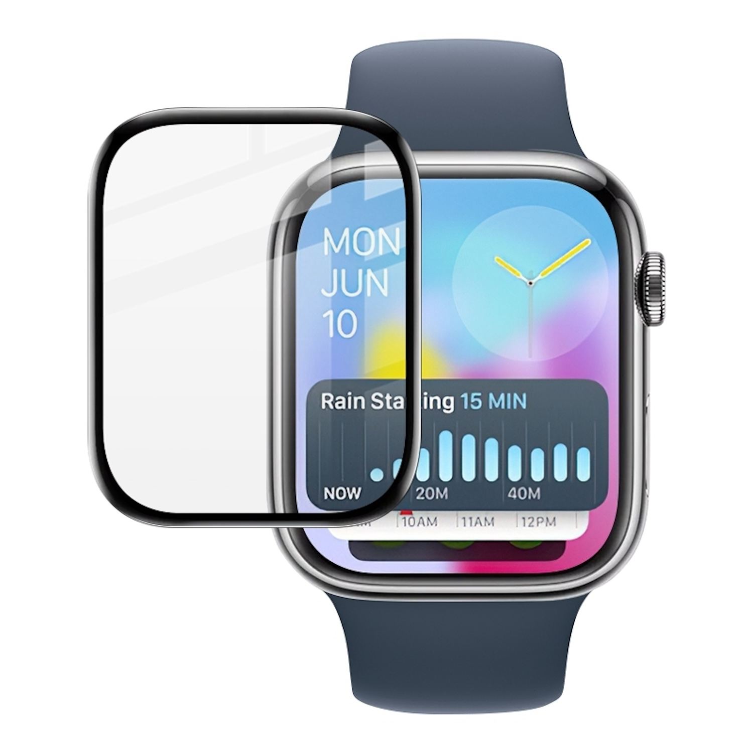 Apple Watch mit Displayschutzfolie. Die Uhr ist silber mit blauem Armband. Wetterinfos auf dem Bildschirm.