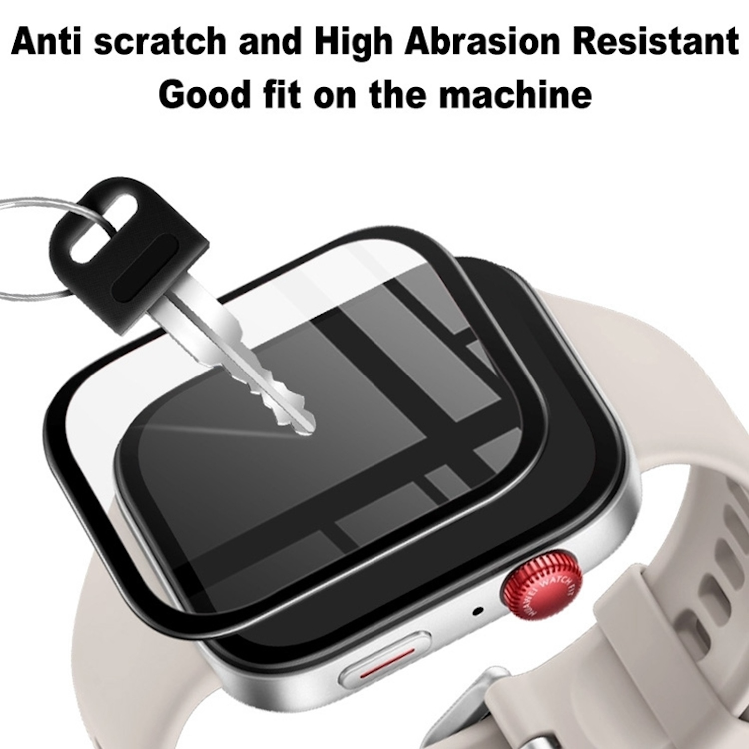 Nahaufnahme einer Smartwatch mit Displayschutz, Schlüssel und Text 'Kratz- und Abriebfest'.