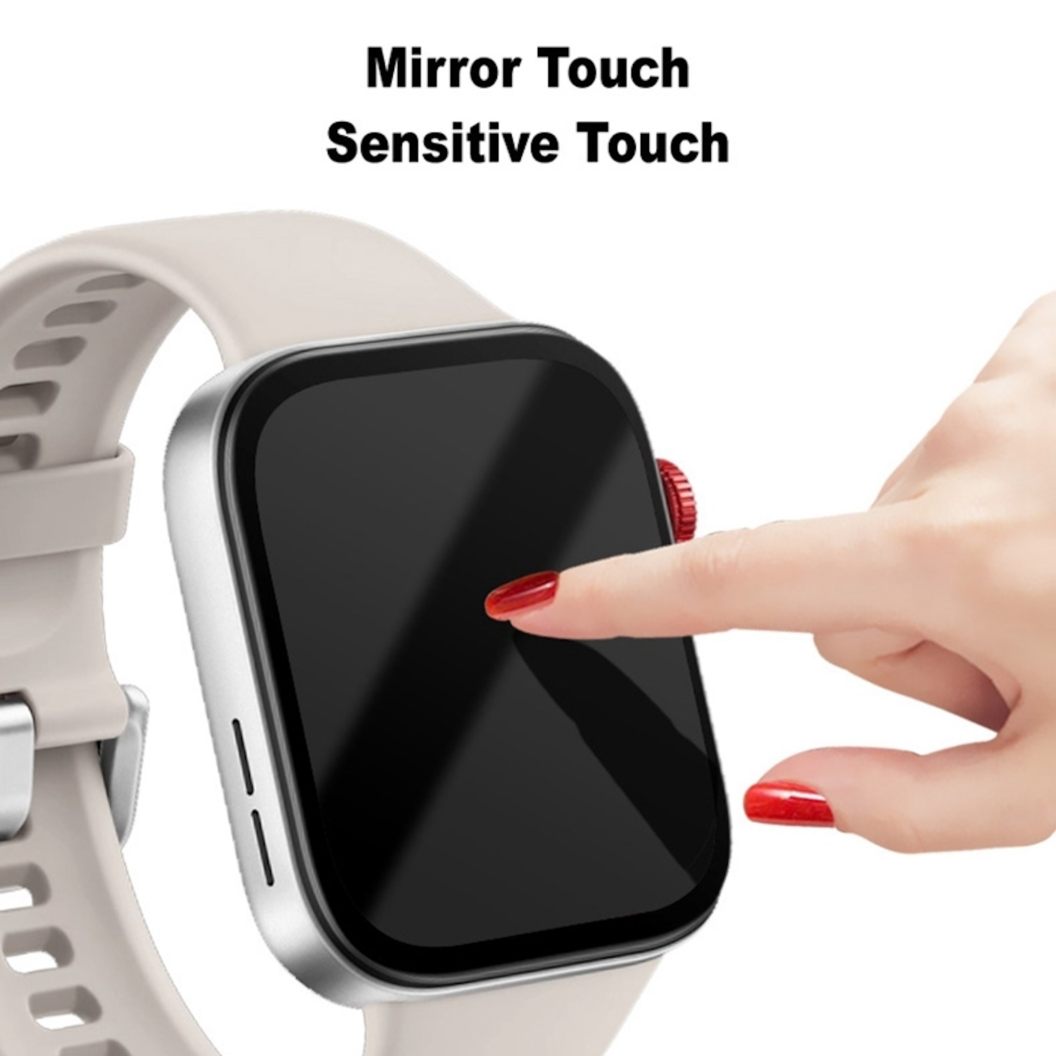 Eine Person berührt einen Uhrenbildschirm, Text sagt Mirror Touch.