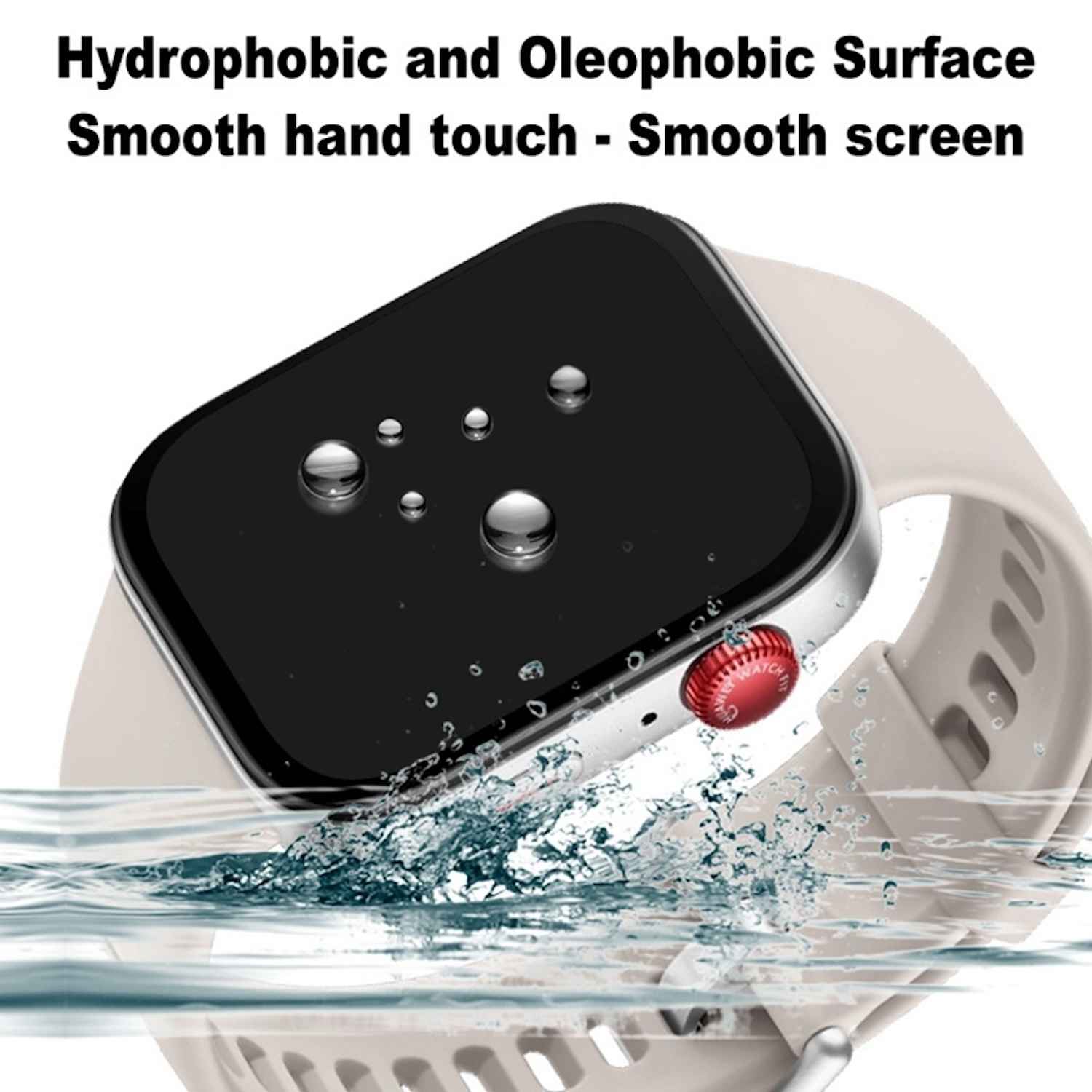 Eine Smartwatch mit schwarzem Bildschirm. Wassertropfen sind auf dem Bildschirm. Ein roter Knopf ist sichtbar.
