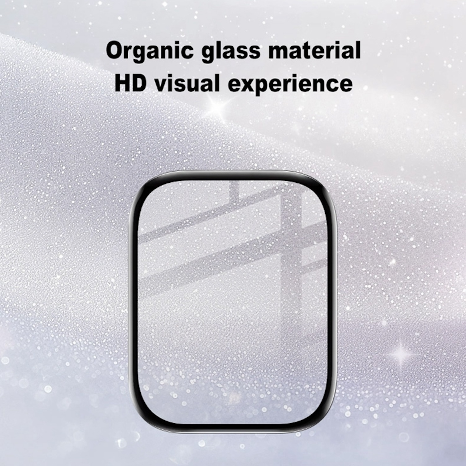 Quadratischer Glas-Displayschutz mit schwarzem Rahmen. Der Hintergrund ist ein funkelndes Weiß.