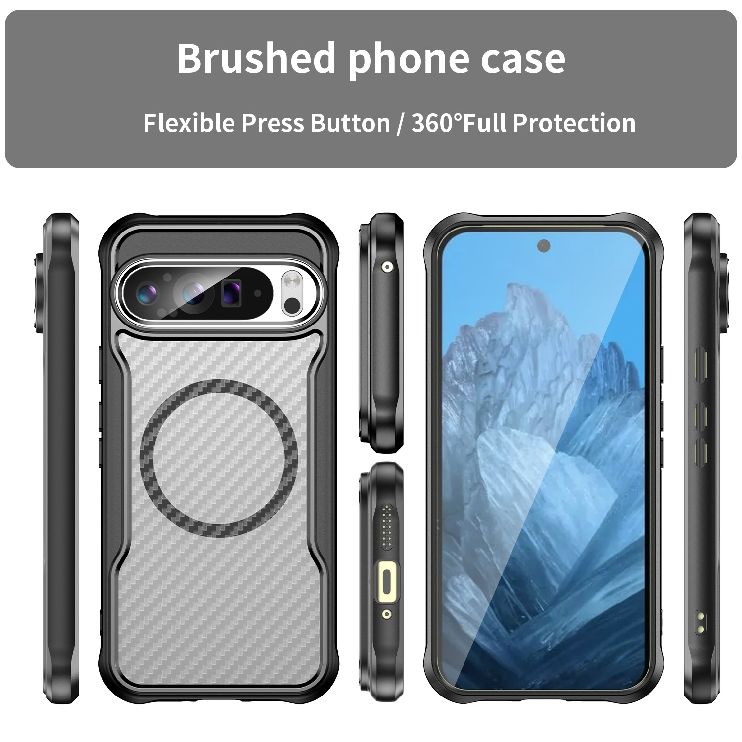 Funda de teléfono con diseño fibra carbono y protector pantalla claro, múltiples vistas.