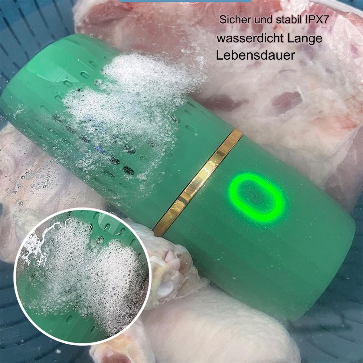 Ein grüner Ultraschallreiniger reinigt Lebensmittel, mit Text über Sicherheit und Langlebigkeit.