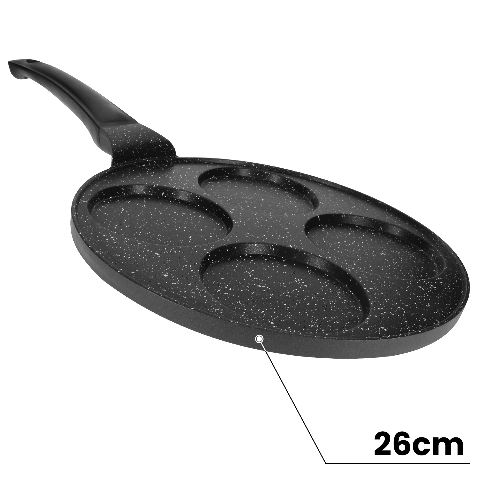 Schwarze, antihaftbeschichtete Eierpfanne mit vier kreisförmigen Formen und einem Griff. Etikett zeigt 26cm.