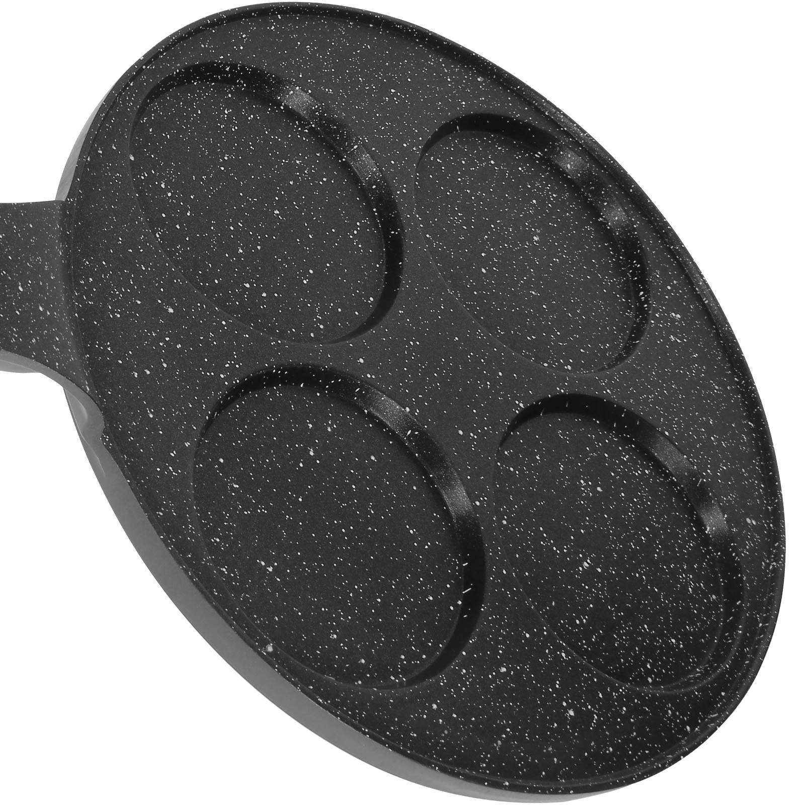 Antihaft-Bratpfanne mit drei kreisförmigen Formen für Pfannkuchen, gesprenkelte schwarze Oberfläche.