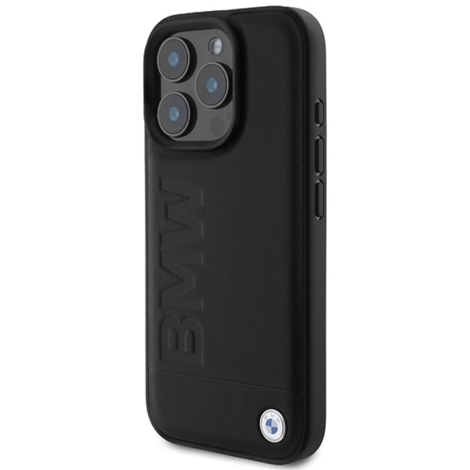 Custodia per iPhone nera con logo BMW. La custodia è nera con il logo BMW in rilievo.