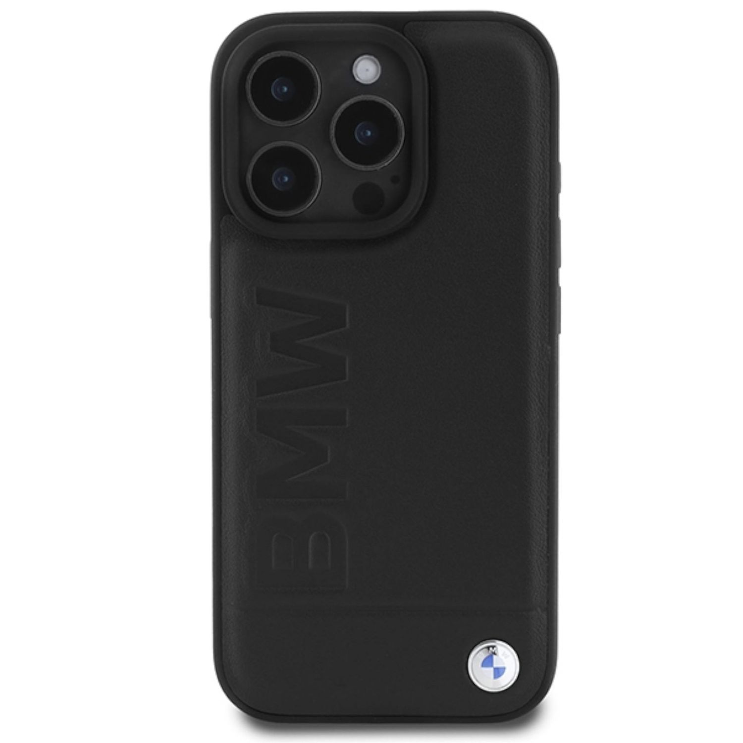 Custodia per iPhone nera con logo BMW. La custodia è su una superficie bianca. Ha un logo BMW.