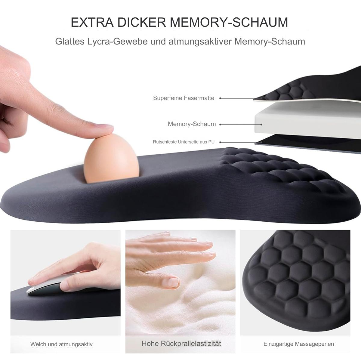 Ein Ei liegt auf einem schwarzen ergonomischen Kissen mit Lycra-Gewebe. Details der Schichten und Textur des Kissens sind gezeigt.