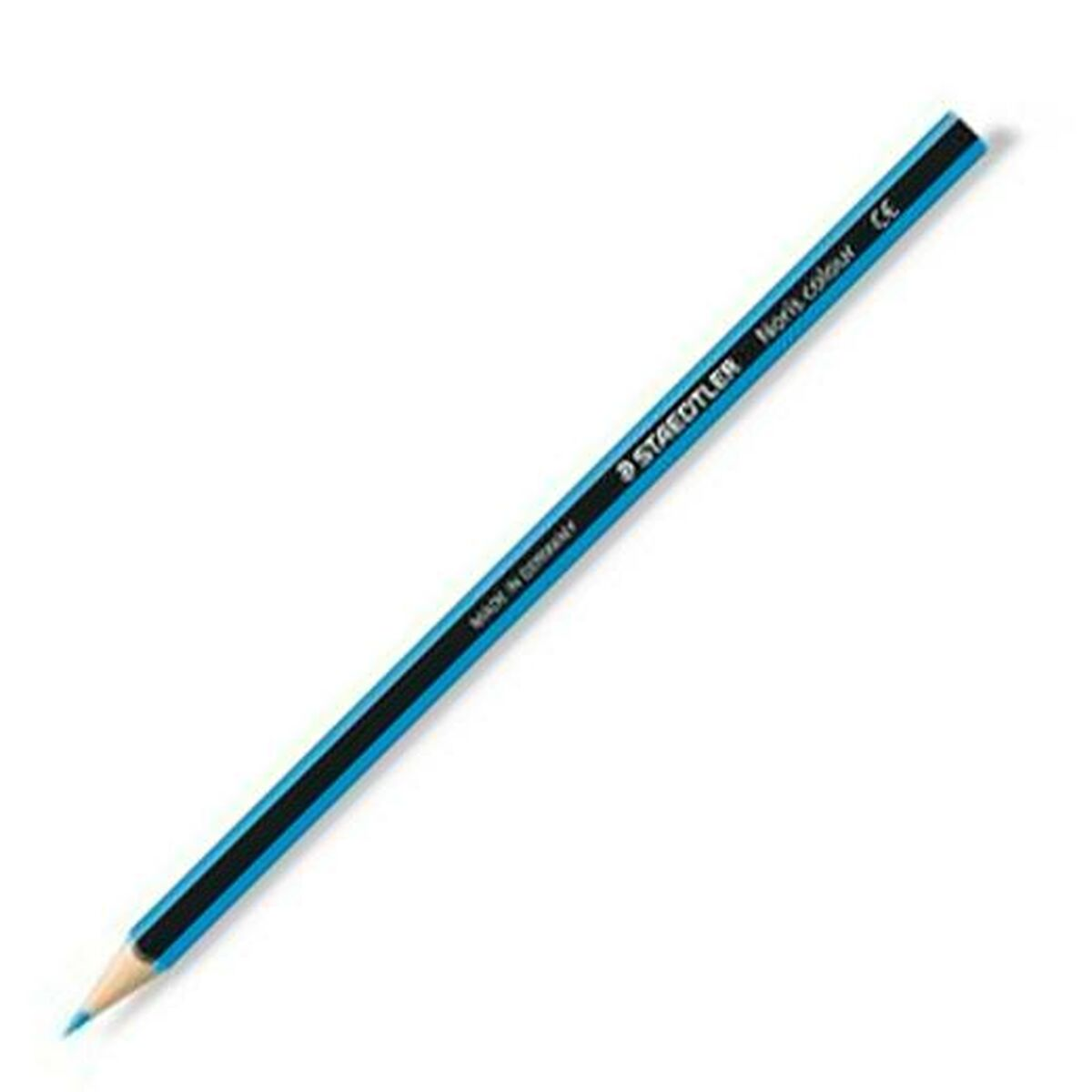Ein blauer Bleistift mit schwarzem Streifen und der Aufschrift "Staedtler Noris color".