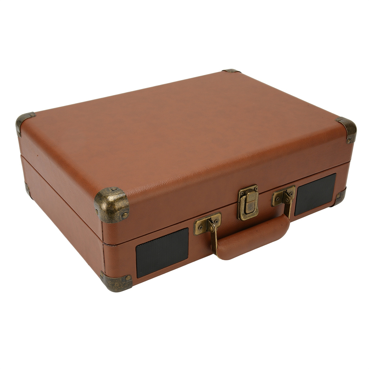 Ein brauner Koffer im Vintage-Stil mit Metallecken und Griff.