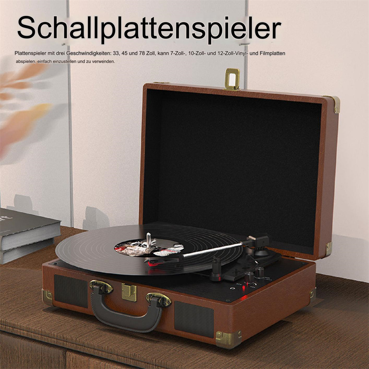 Ein brauner Vintage-Plattenspieler mit einer Schallplatte auf einem Holztisch. Darüber steht Schallplattenspieler.