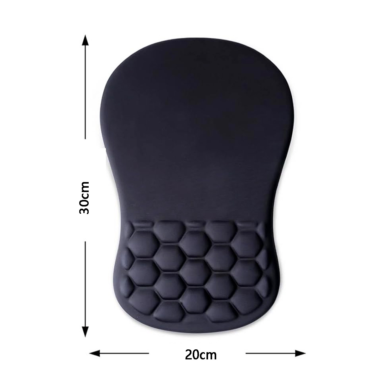Schwarzes ergonomisches Mauspad mit Gel-Handgelenkauflage. Maße: 30 cm Höhe, 20 cm Breite. Bienenwaben-Design.