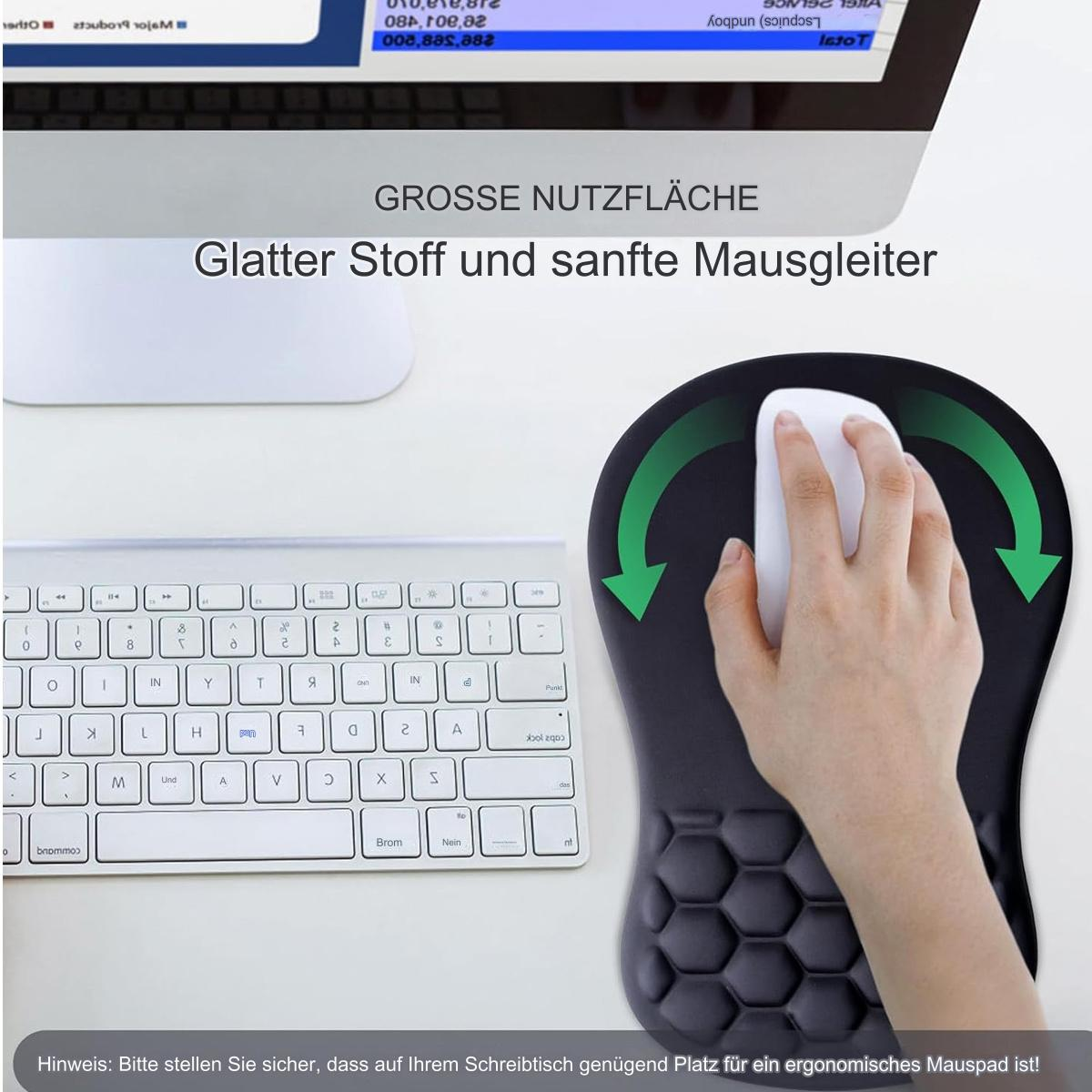 Die Hand einer Person, die eine Maus auf einem Mauspad neben einer Tastatur und einem Monitor benutzt. Text: 'Glatter Stoff'.