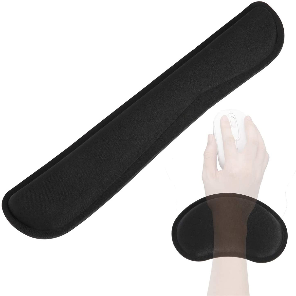 Schwarze Handgelenkstütze mit weißer Maus und einer Hand, die die Maus benutzt.