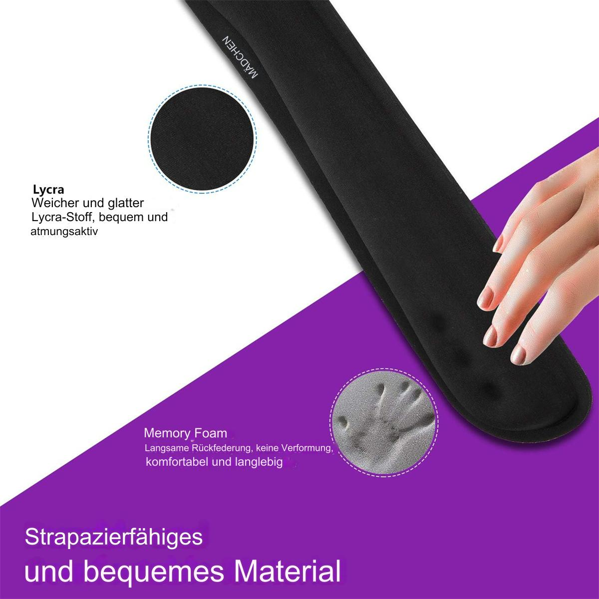 Schwarze Handgelenkauflage. Text mit Lycra, Memory Foam, und bequemen Materialdetails, Hintergrund.
