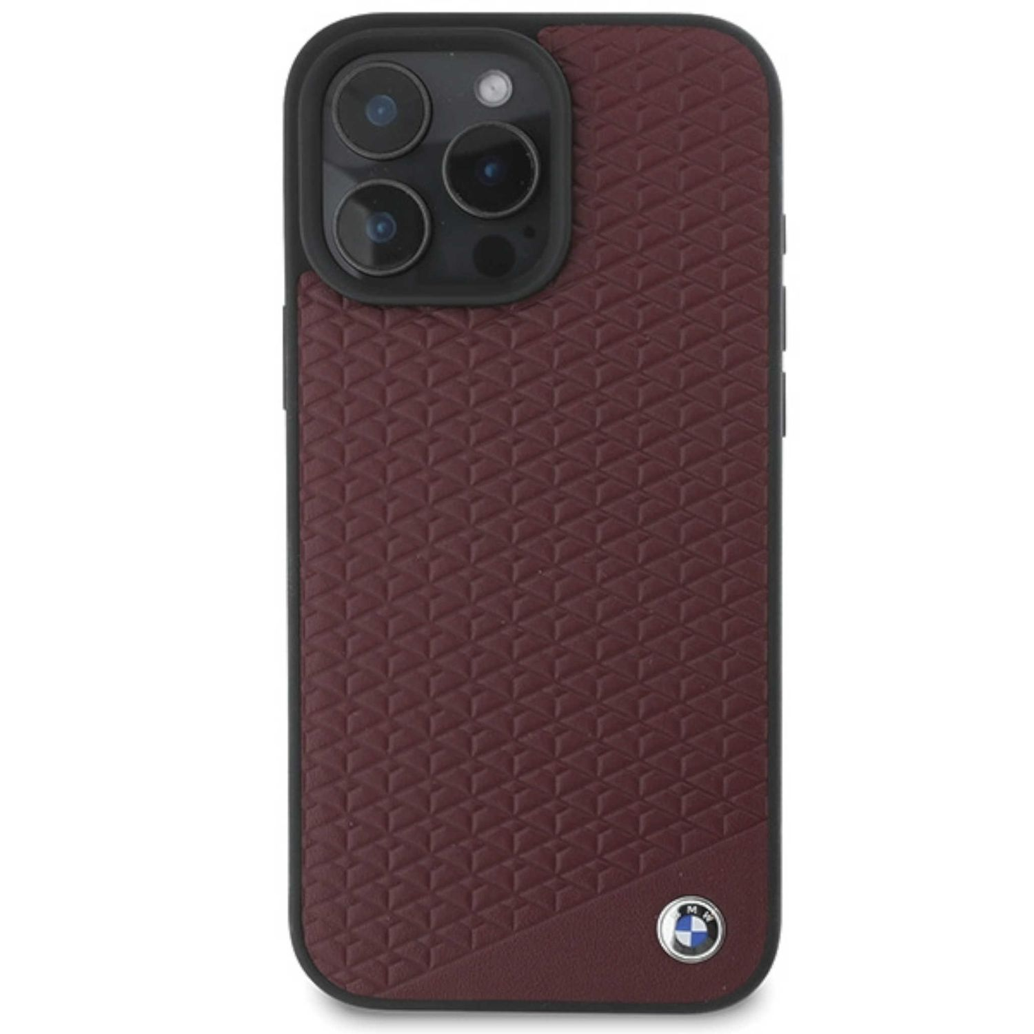 Una custodia per telefono bordeaux scuro con cornice nera. Un logo BMW è nell'angolo in basso.