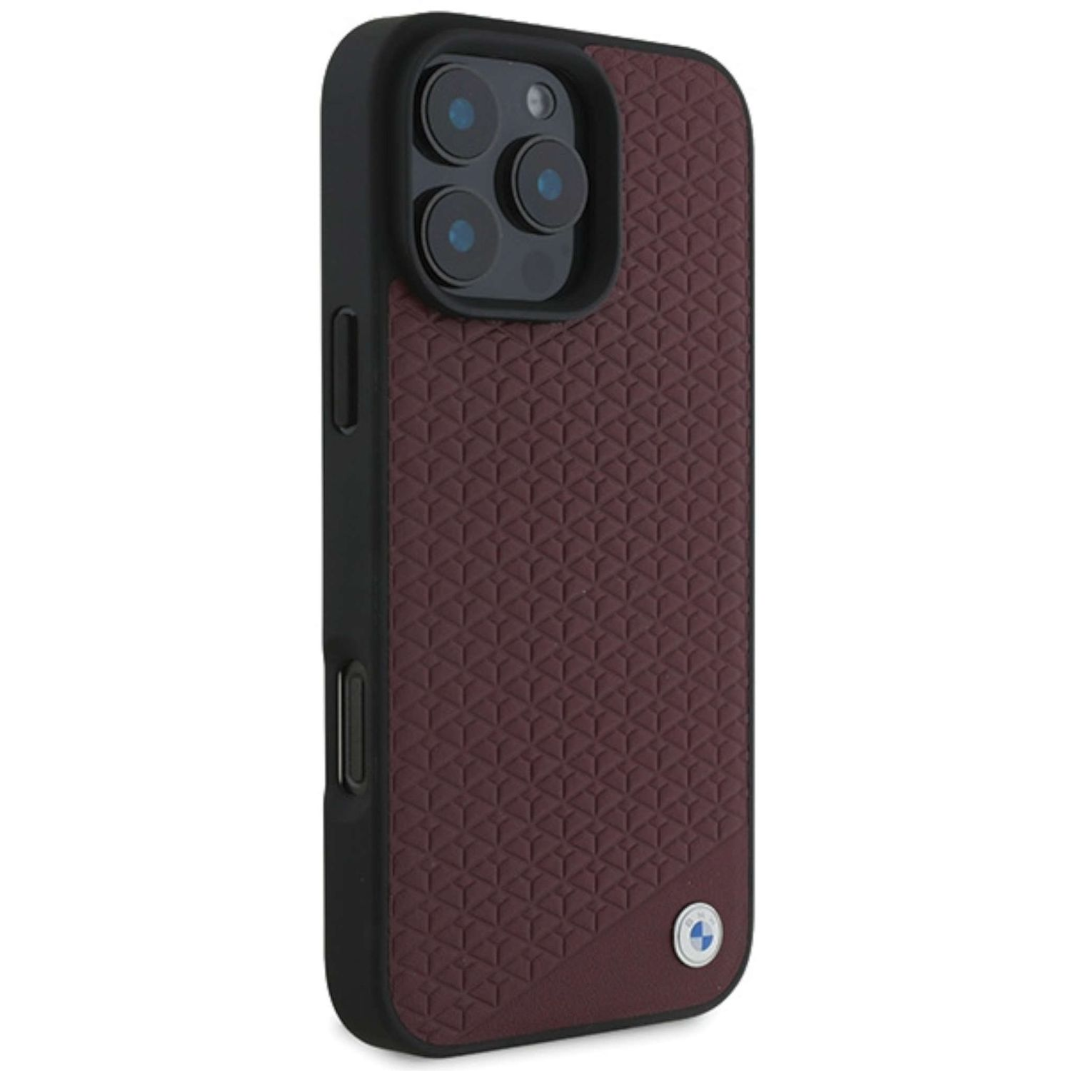 Custodia del telefono: cornice nera, retro bordeaux strutturato e logo BMW.