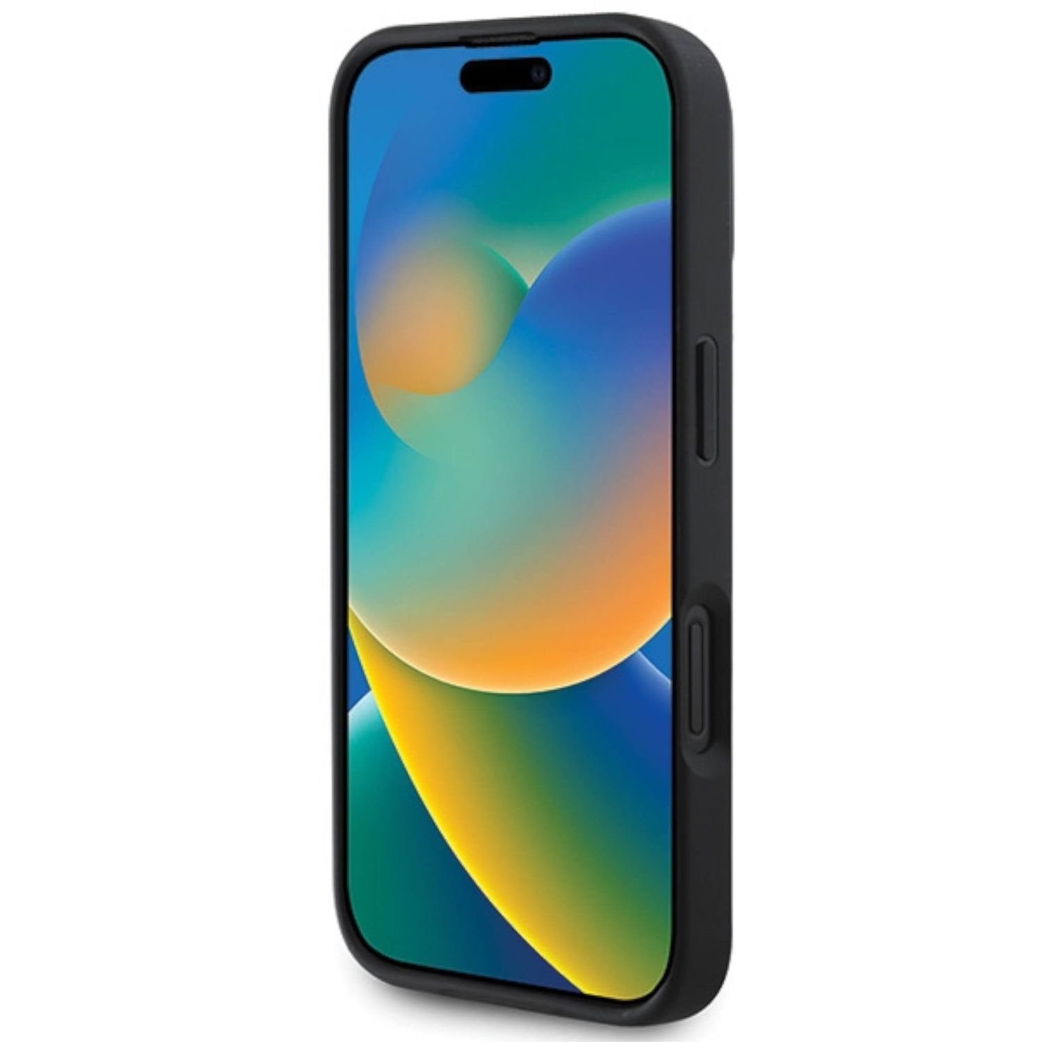 Un iPhone nero con uno schermo colorato. Il telefono ha una custodia nera.