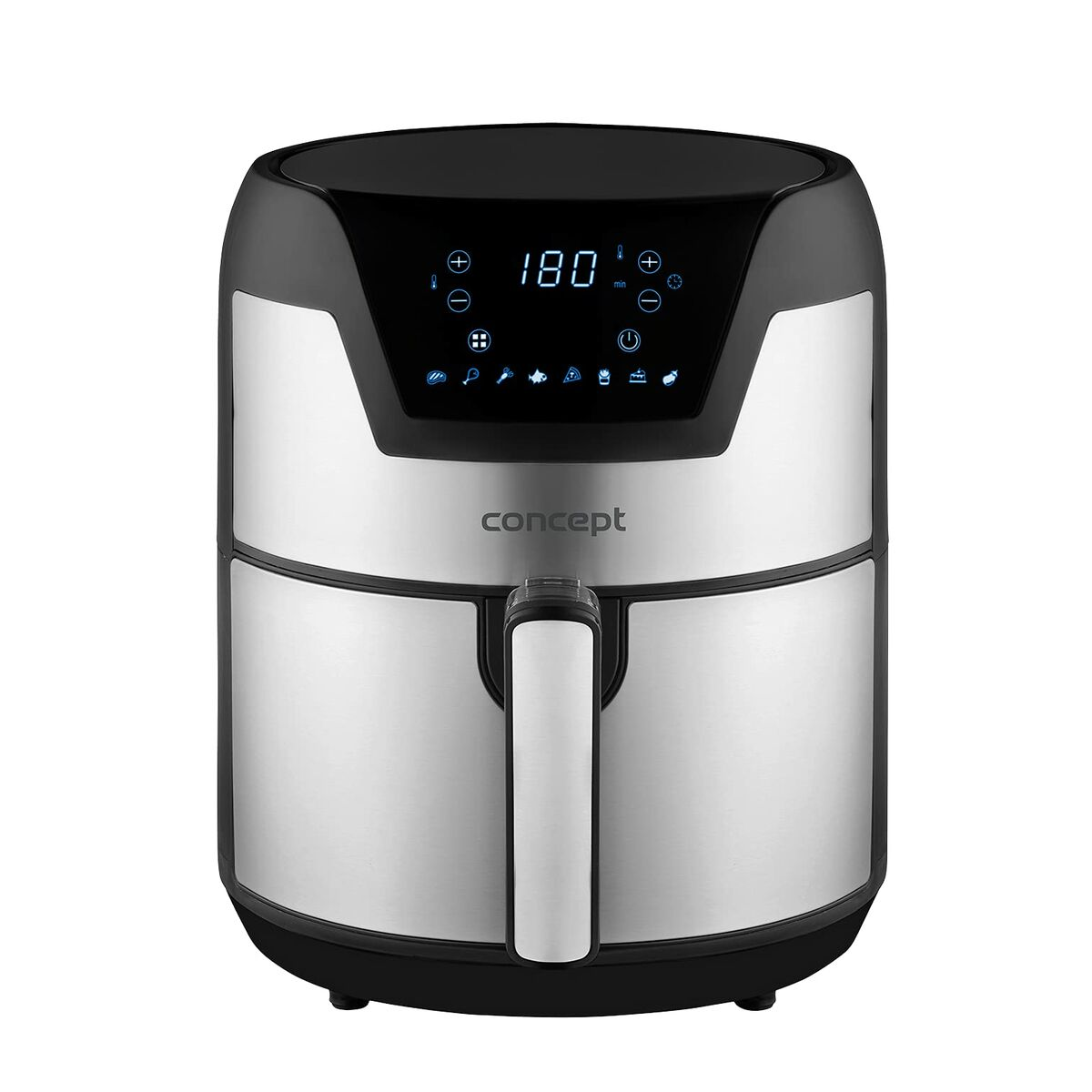 Silber-schwarze Heißluftfritteuse mit digitaler Anzeige. Sie hat einen Griff und die Marke ist 'concept'.