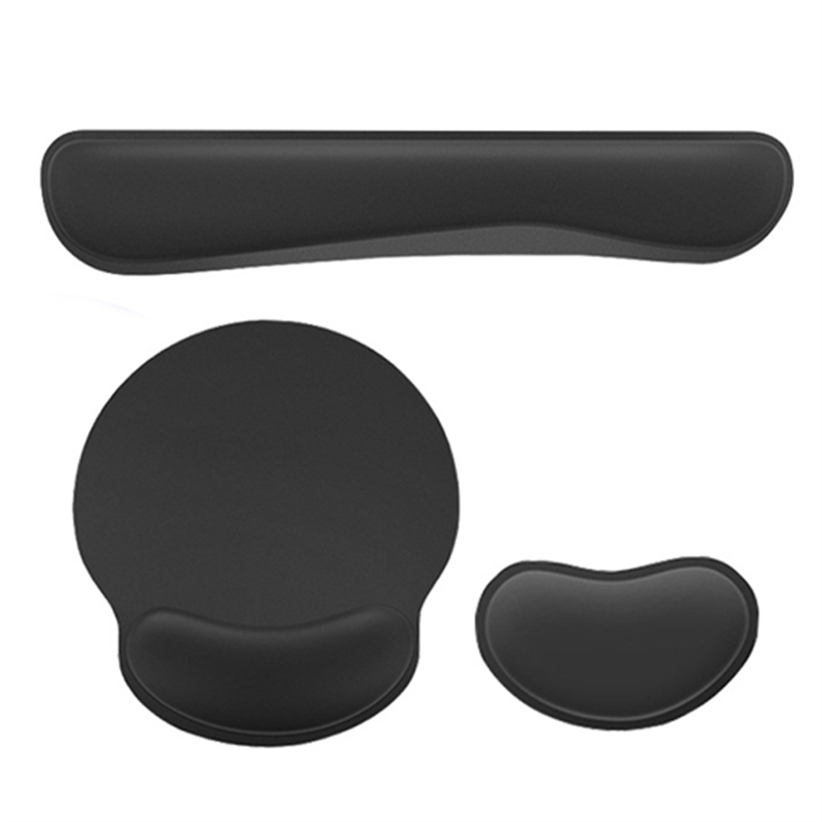 Schwarzes Mauspad-Set: Handgelenkstütze, rundes Pad und kleines Pad mit Handgelenkstütze.