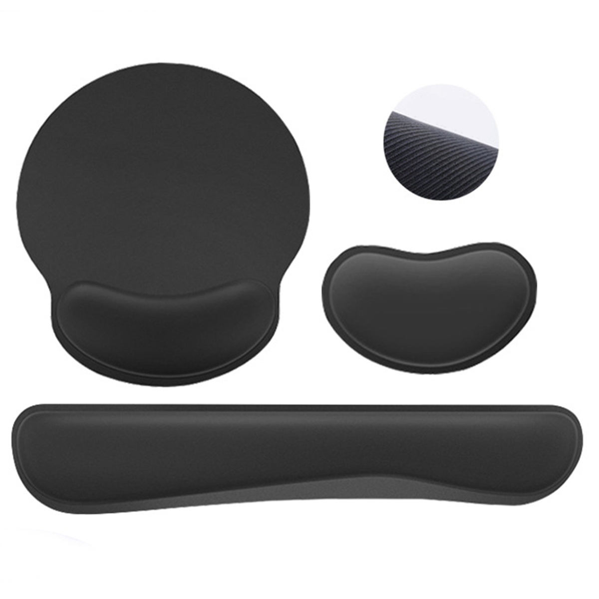 Schwarzes Mauspad-Set mit rundem Pad, kleinerem Pad und Handgelenkauflage.