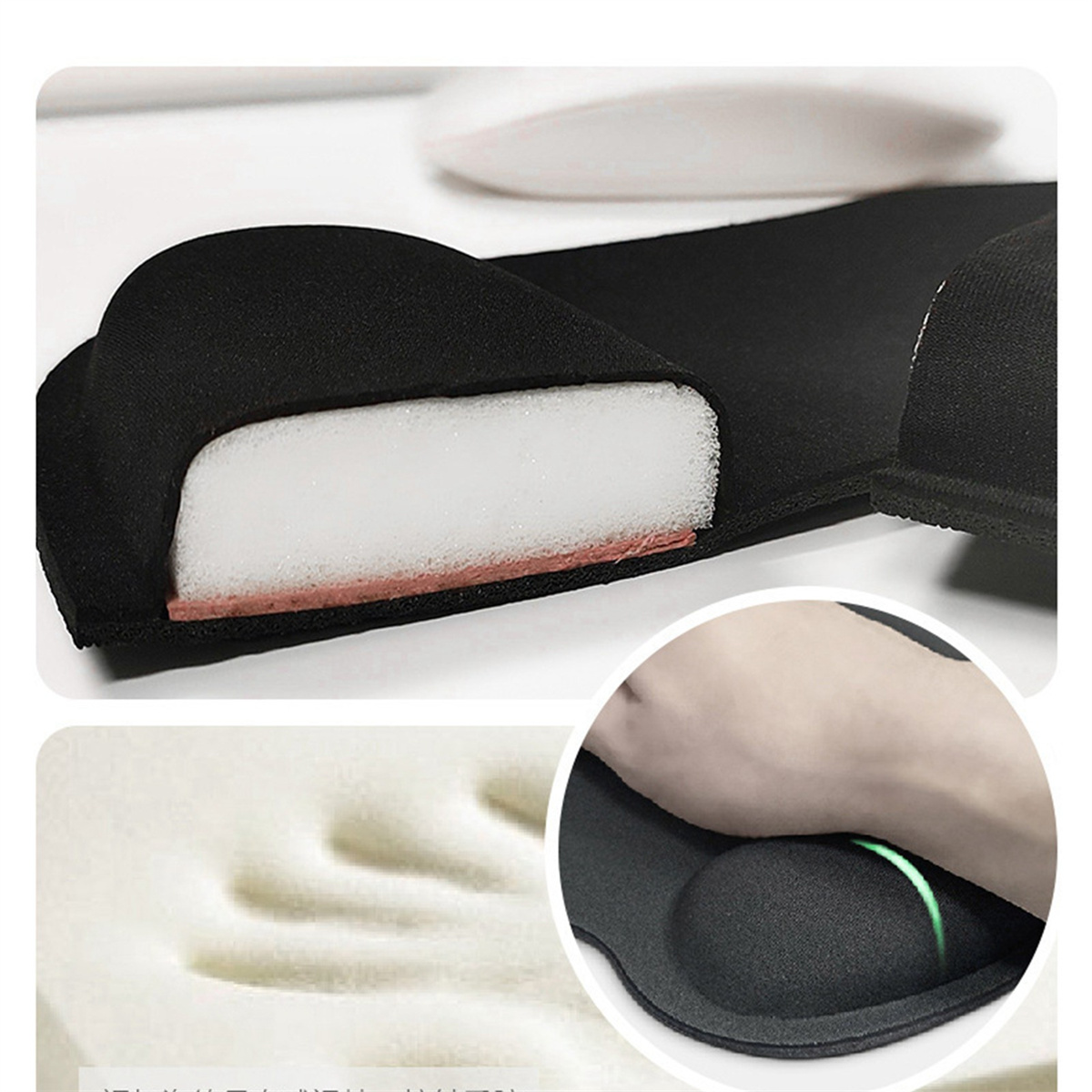 Schwarze Handgelenkauflage mit sichtbarem Schaumstoff, Hand benutzt Auflage.