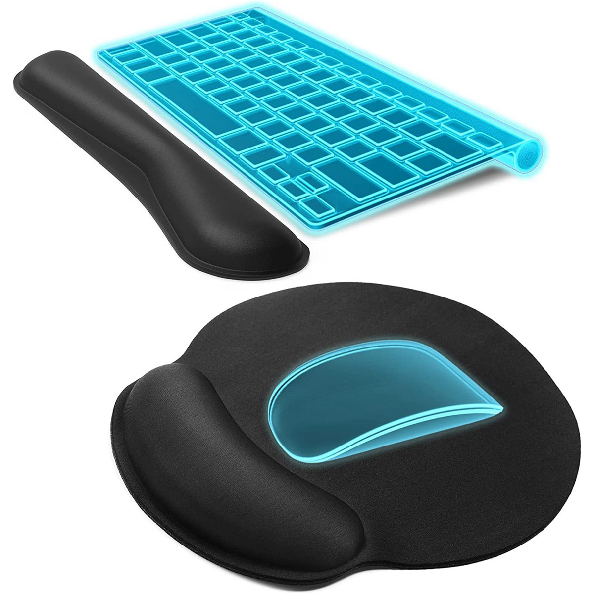 Eine Tastatur, eine Handgelenkauflage und ein Mauspad mit blauem Leuchten.