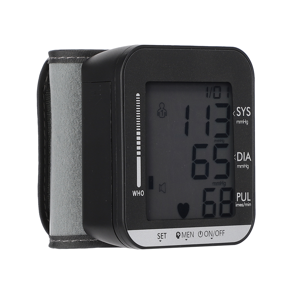 Schwarzes Handgelenk-Blutdruckmessgerät mit Digitalanzeige. Graues Armband.