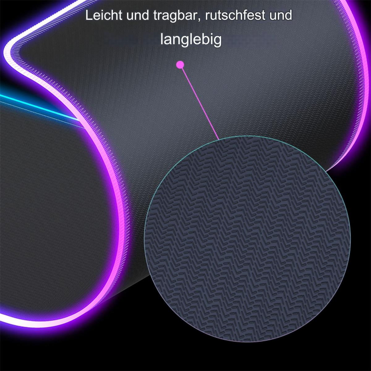 Nahaufnahme eines schwarzen Mauspads mit strukturierter Oberfläche und leuchtendem lila Rand.