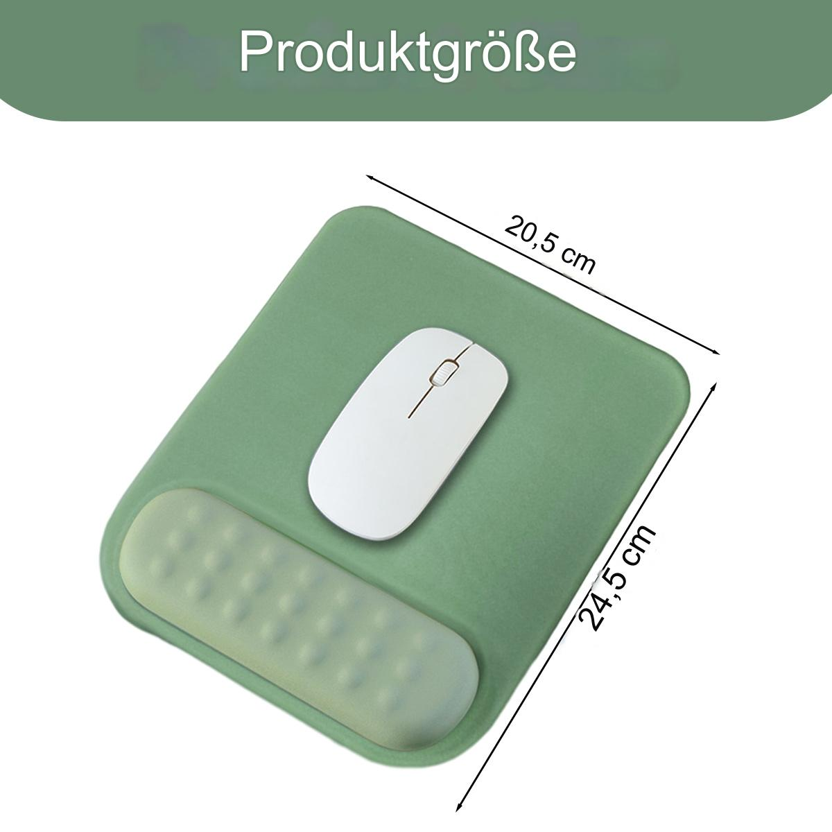 Grünes Mauspad mit weißer Maus. Maße sind 24,5 cm x 20,5 cm. Text oben: Produktgrösse.