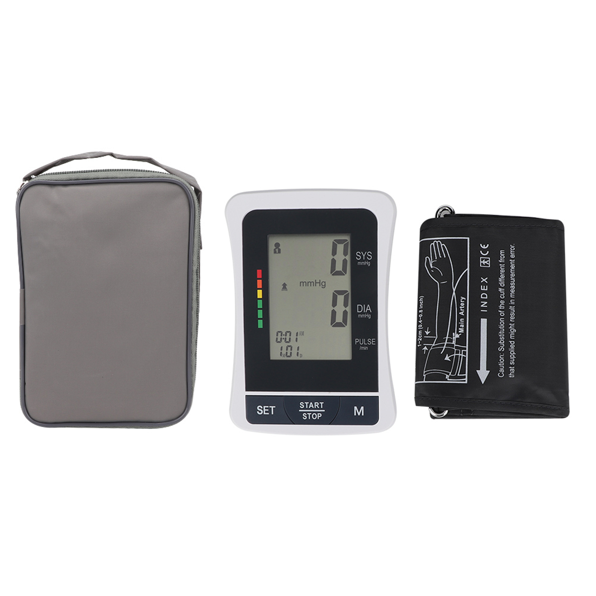 Blutdruckmessgerät mit Manschette, Etui und Monitor. Der Monitor zeigt Messwerte an.