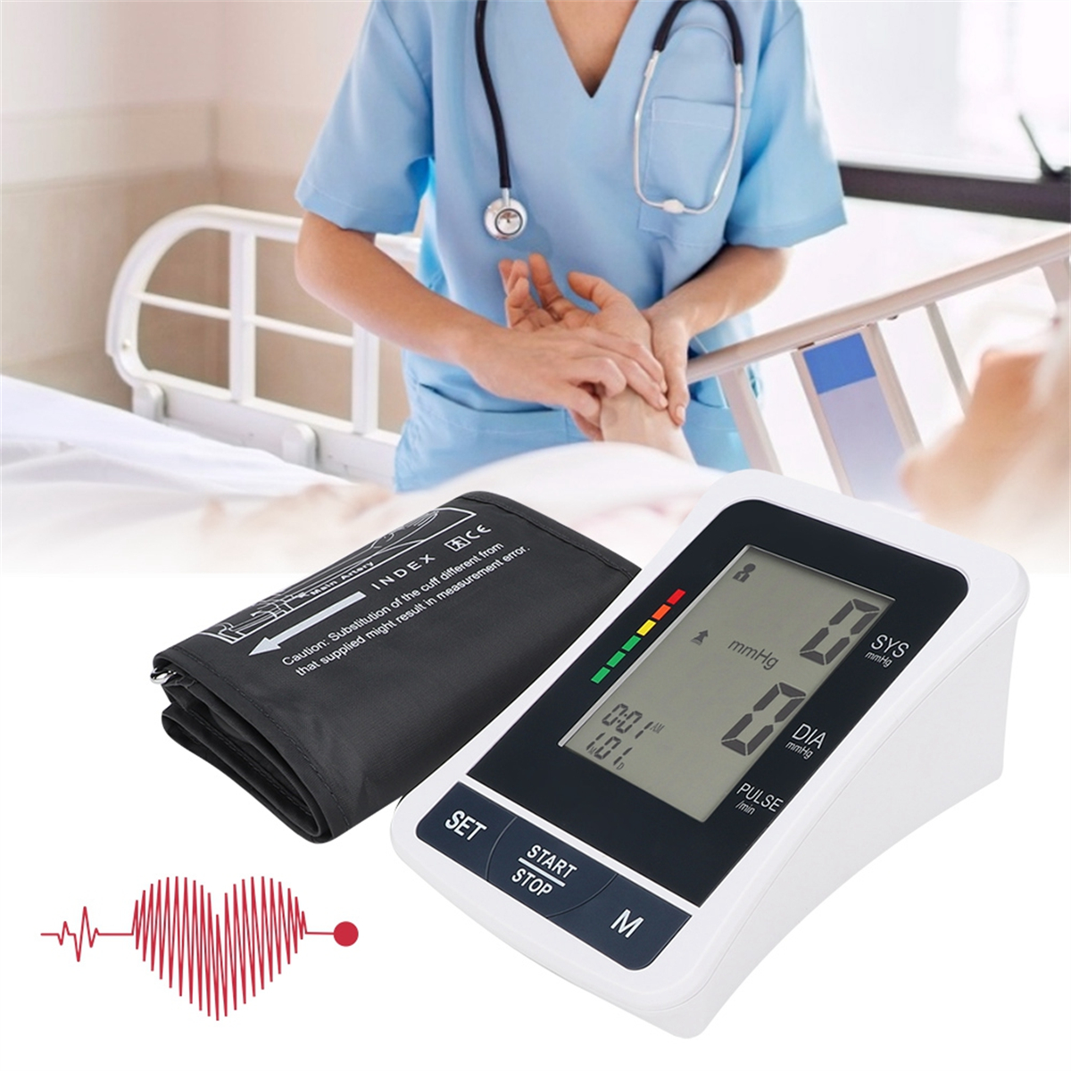 Ein Blutdruckmessgerät mit schwarzer Manschette und eine Krankenschwester, die den Puls eines Patienten misst.