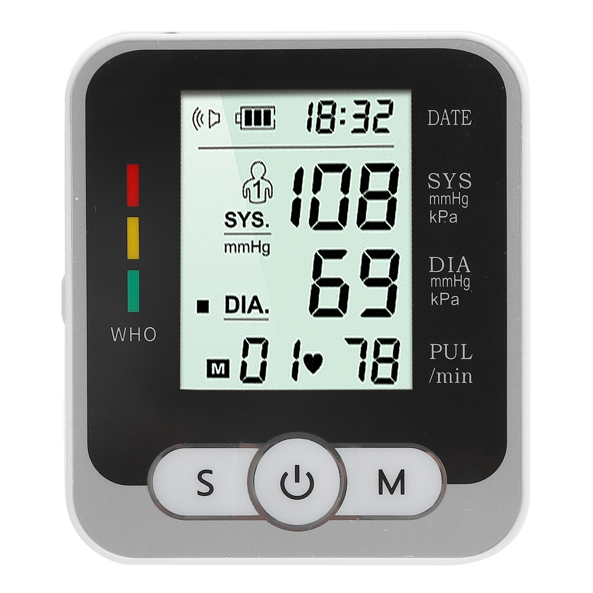 Ein Blutdruckmessgerät mit digitaler Anzeige. Es zeigt Messwerte von 108/69 und einen Puls von 78.