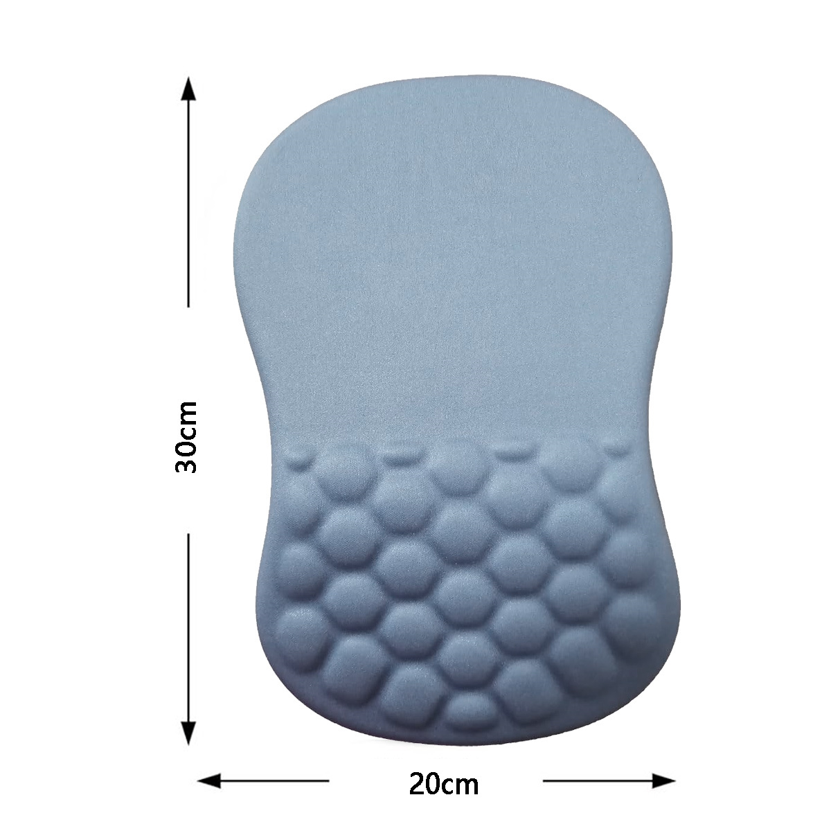 Blaues ergonomisches Mauspad, 30 cm hoch, 20 cm breit, mit einer unebenen Oberfläche.