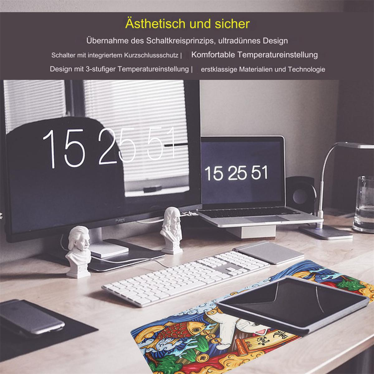 Ein Schreibtisch mit Computer, Tablet und Dekorationen. Textüberlagerung: Ästhetisch und sicher.