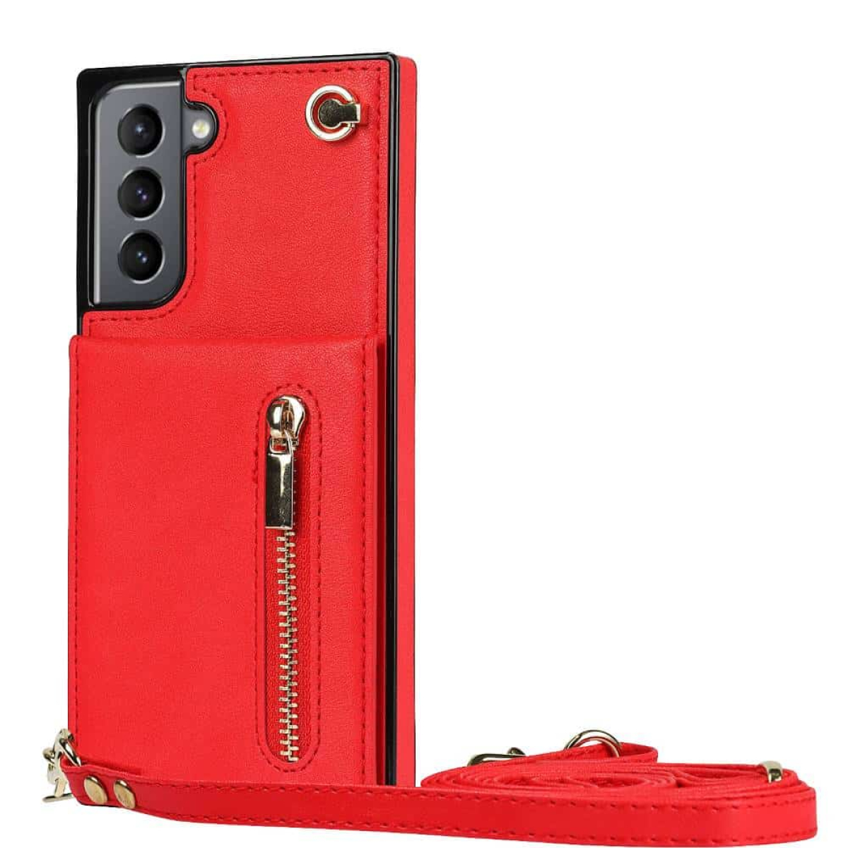 Rote Handyhülle mit Reißverschlusstasche und Schulterriemen. Es zeigt ein Telefon mit Kameras.