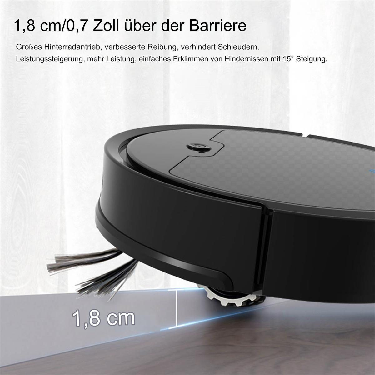 Ein schwarzer Roboter-Staubsauger. Der Text auf dem Bild beschreibt die Eigenschaften des Produkts: 1,8 cm über der Barriere.