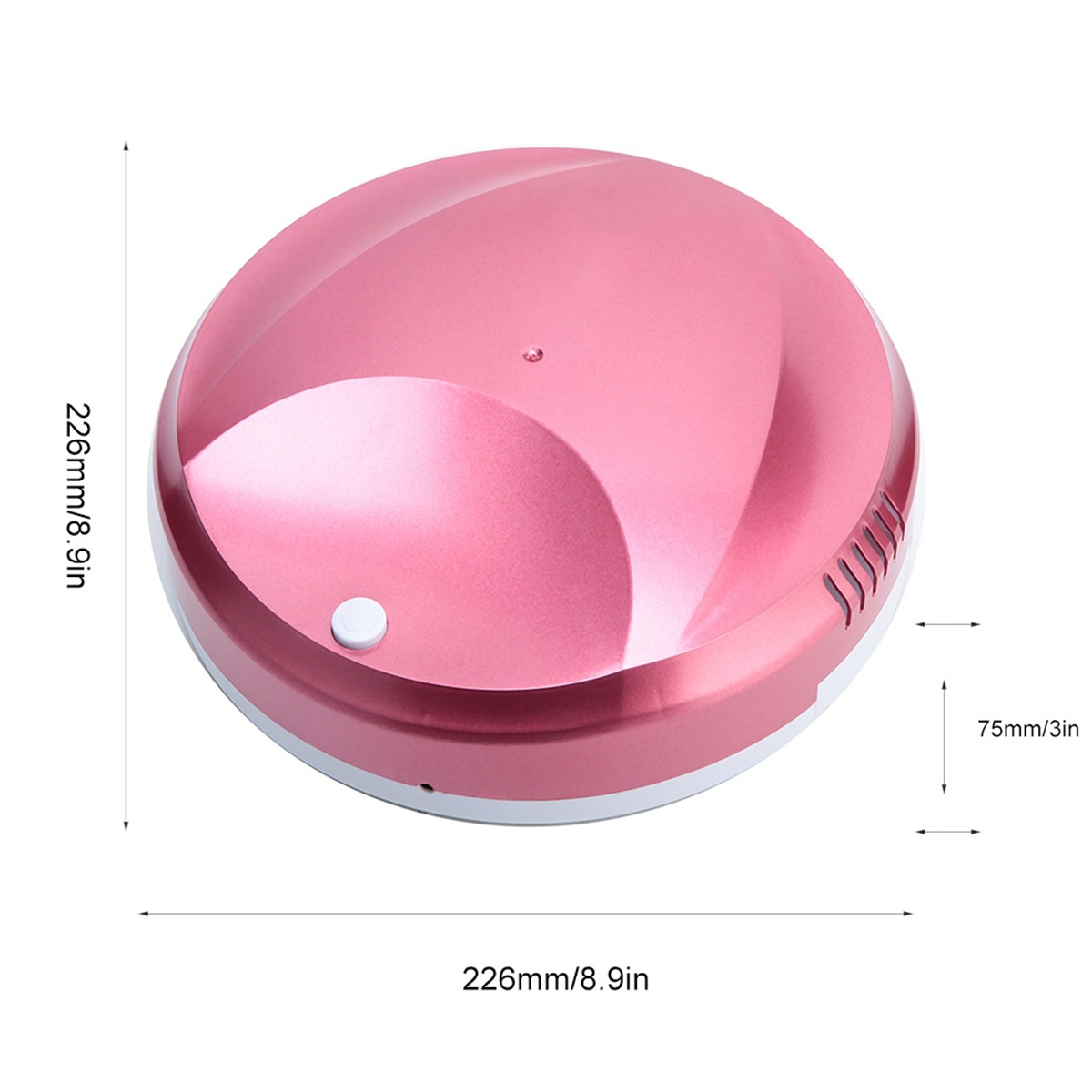Rosa, runder Roboter-Staubsauger mit weißer Einfassung und weißer Taste.