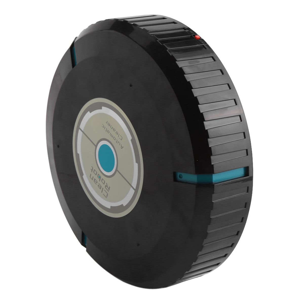 Schwarzer Roboter-Staubsauger mit blauen Akzenten, kreisförmig, Draufsicht.