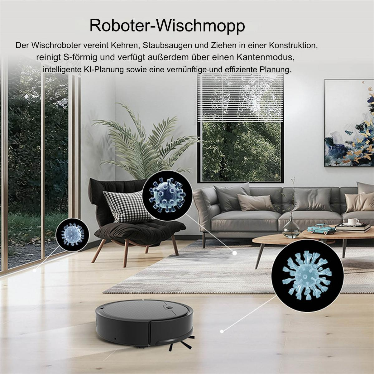 Ein schwarzer Roboter-Staubsauger auf Holzboden. Blaue Viren im Hintergrund. Ein Fenster im Hintergrund.