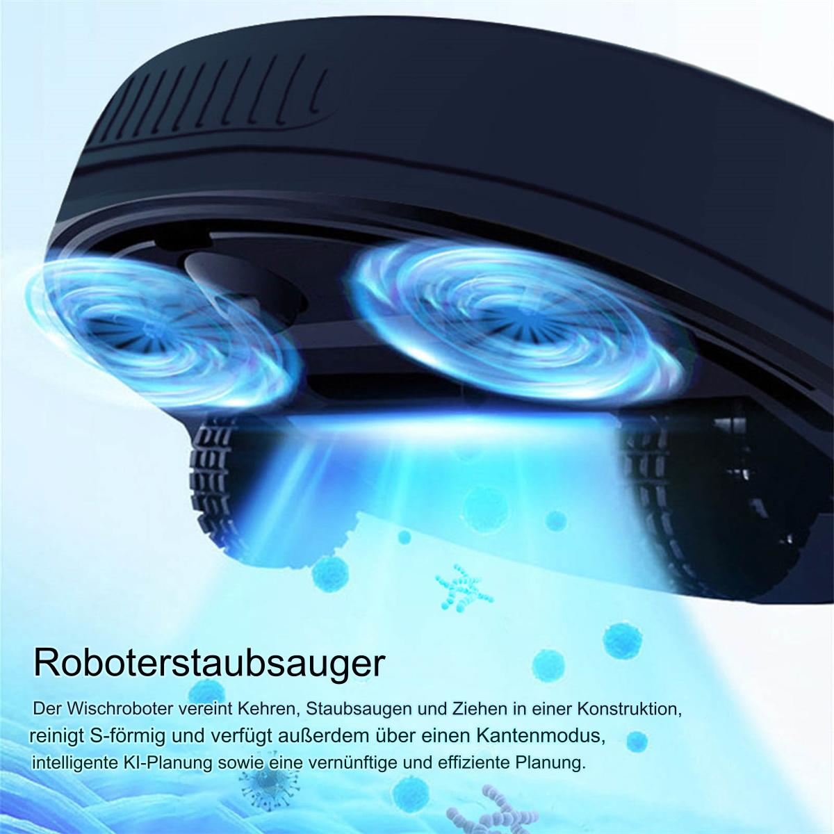 Roboter-Staubsauger mit blauen Wirbeln. Text auf Deutsch. Blaue Partikel schweben.