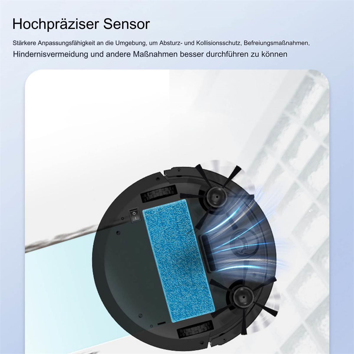 Ein schwarzer und blauer Roboter-Staubsauger mit zwei Bürsten und einem blauen Reinigungspad.