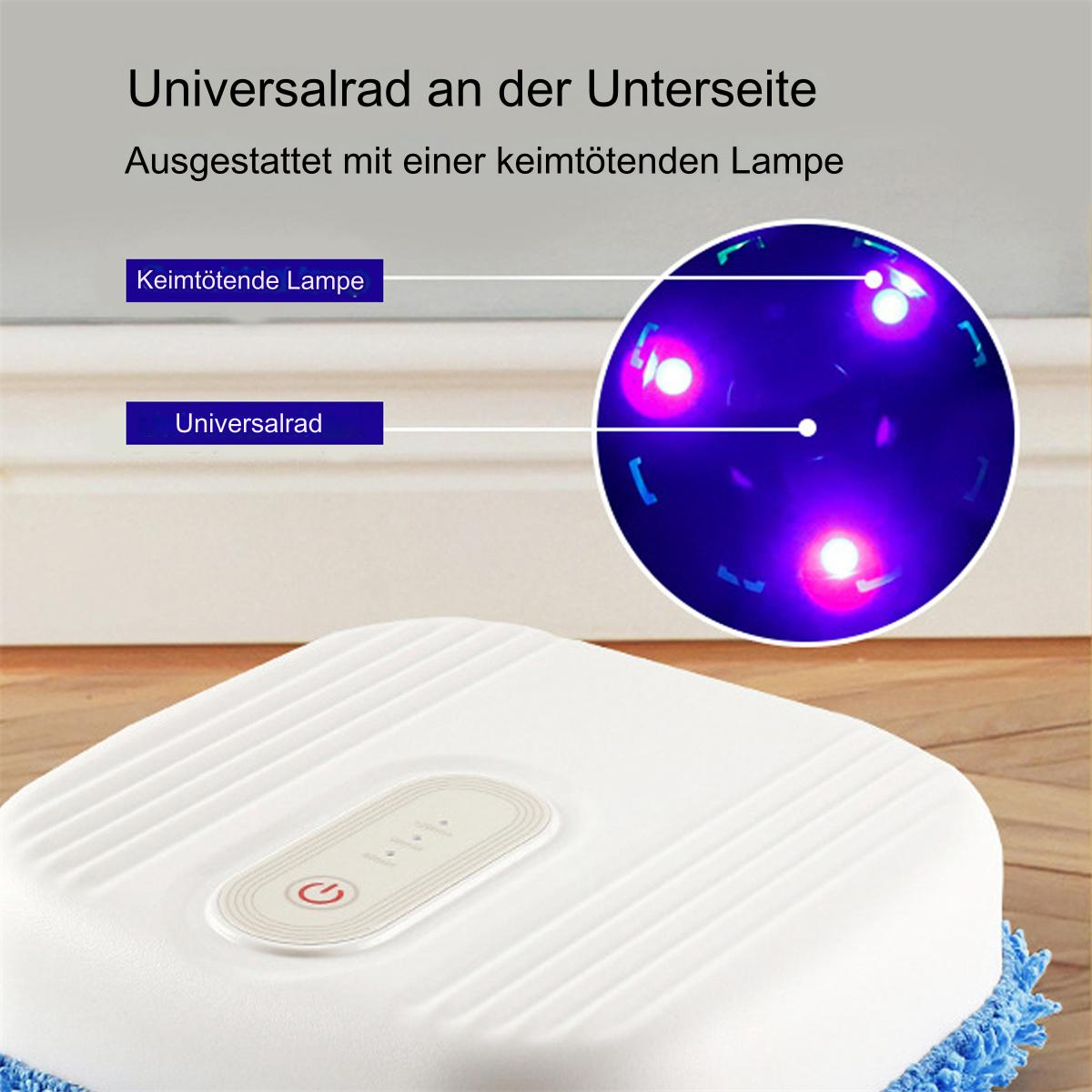 Weißer Reinigungsroboter mit Licht, Text und Nahaufnahme des UV-Lichts.