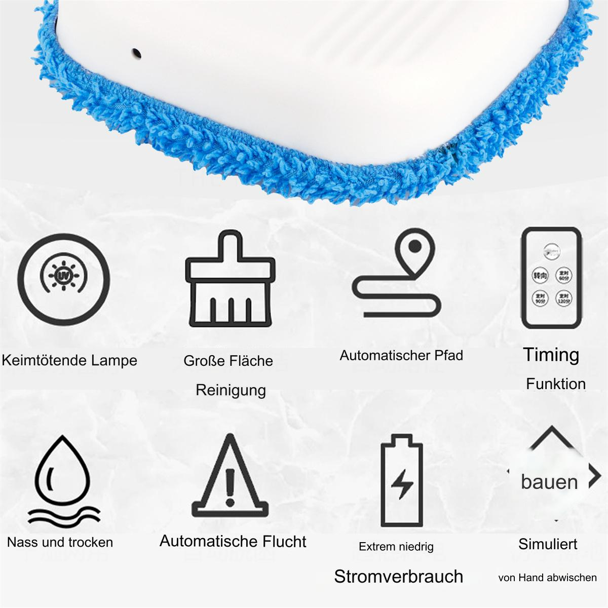 Weißer Roboterstaubsauger mit blauer Bürste, Icons zeigen Funktionen: Reinigung, UV-Lampe usw.