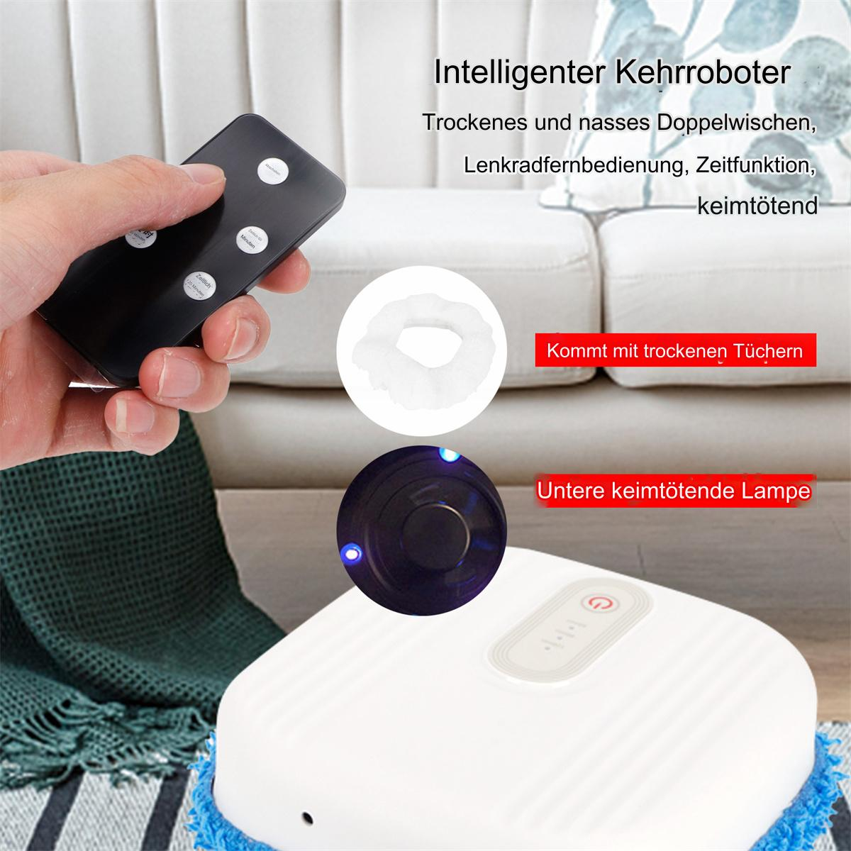 Ein Roboter-Staubsauger mit Fernbedienung und Reinigungszubehör. Text in deutscher Sprache.